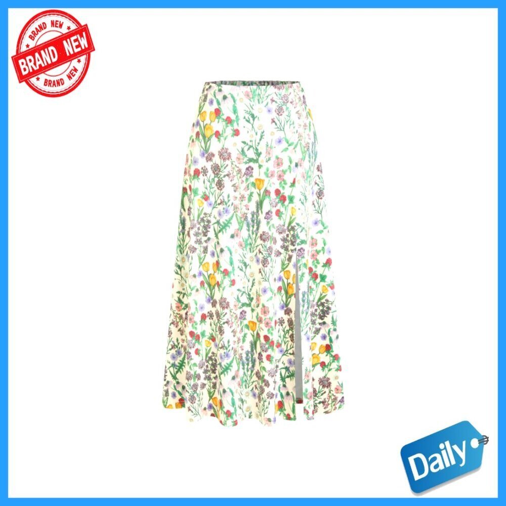 Maxi A-Line Skirt with Elastic Waist and Split Hem, Polyester Blend
